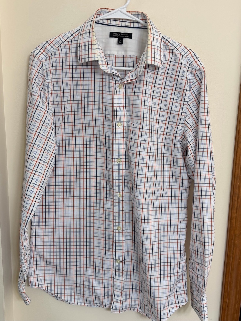 Banana Republic Men's White Plaid Dress Shirt with Blue & Orange Lines